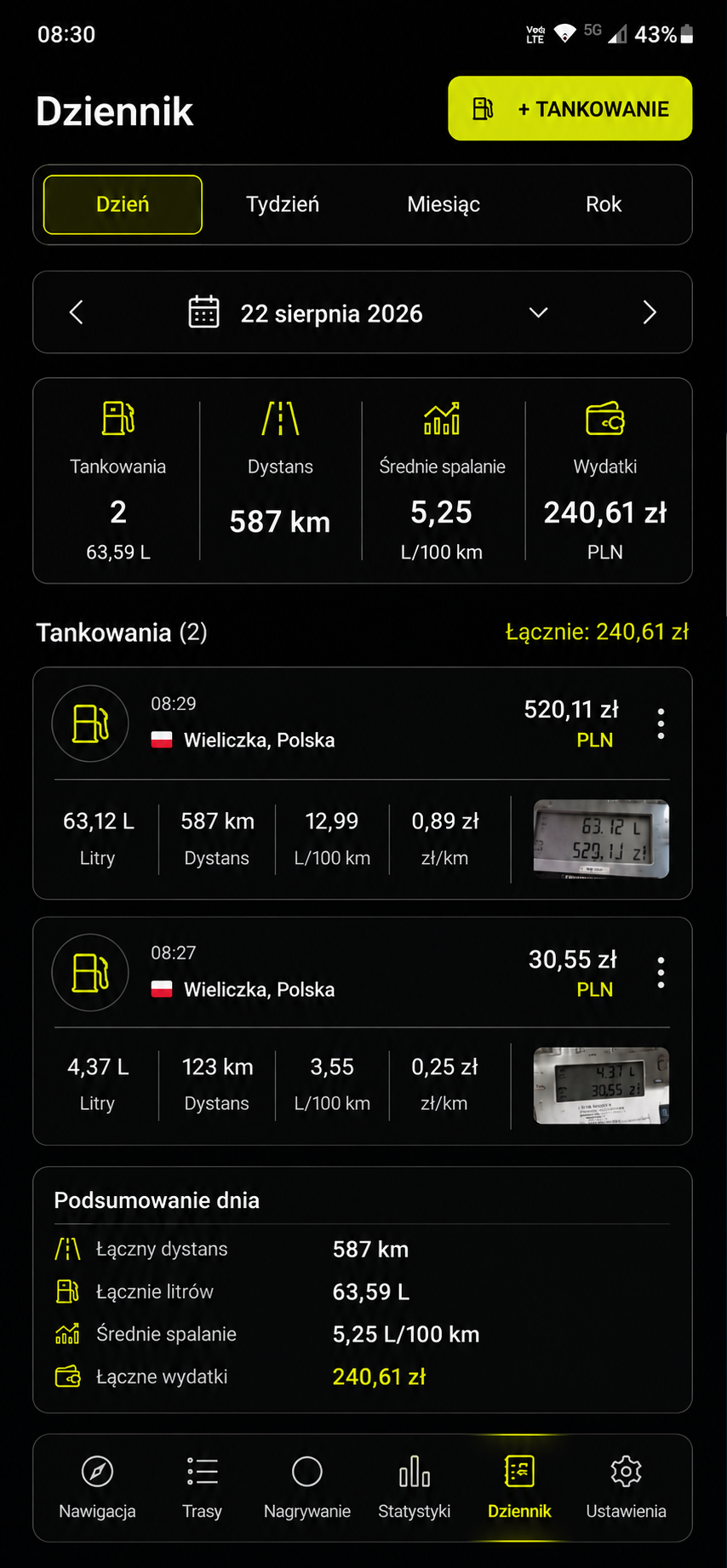 Dziennik tankowan MotoTrace